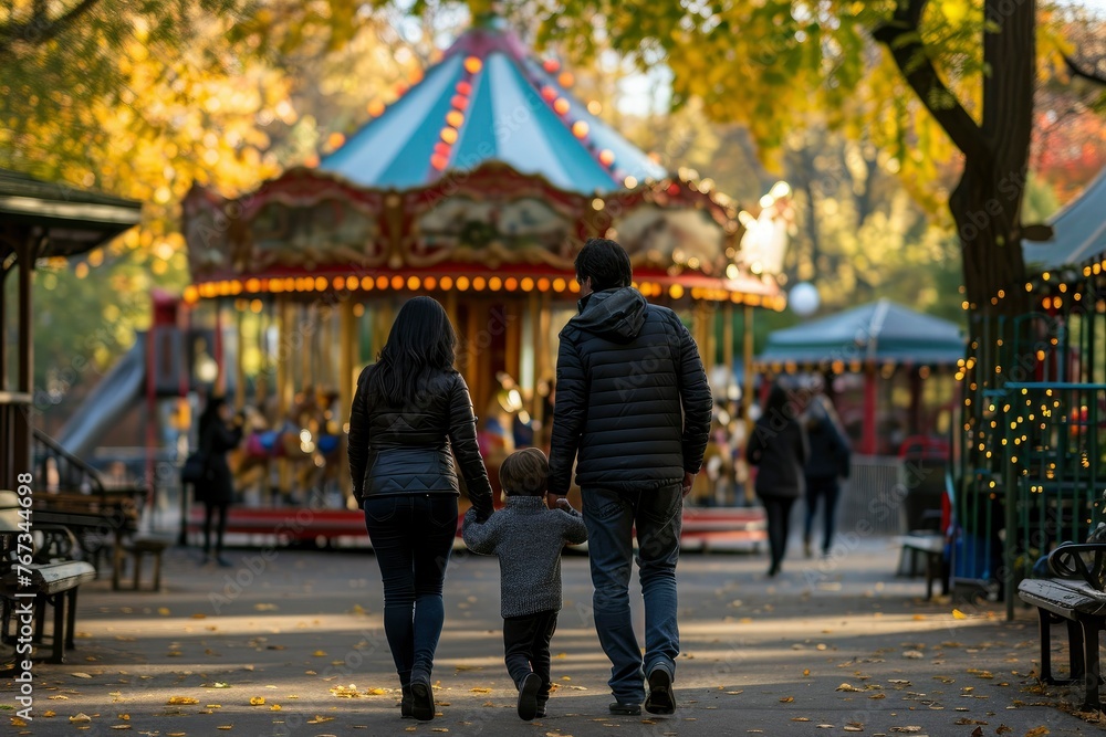 Rear view of mother, father and child walking in the playground area near the merry-go-round. A heartwarming stroll by the carousel Rear view of mother, father and child walking in the playground area near the merry-go-round. A heartwarming stroll by the carousel