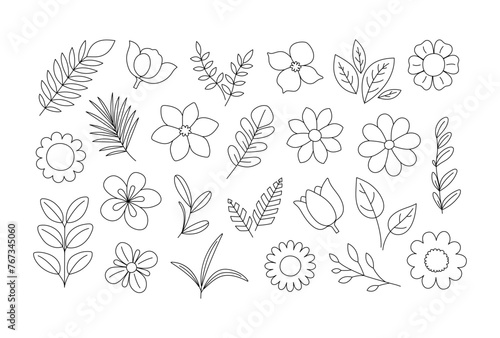 Flowers, leaves and twigs coloring page. Floral elements outline set. Coloring book for print