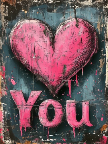 Pink 'Love You' Message in Childish Doodle Style photo