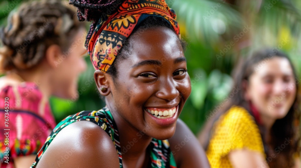 Smiling Woman Wearing Colorful Head Wrap Smiling Woman Wearing Colorful Head Wrap