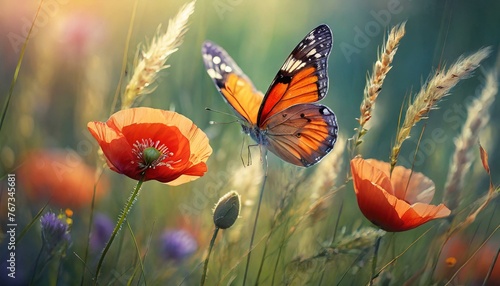 beautiful red poppy flowers and orange butterfly in nature © Omega