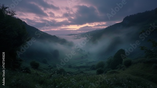 Misty Dawn in the Valley: Ethereal and Mysterious Landscape