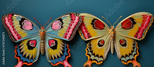 Three colorful butterflies, important pollinators within the insect world, rest on a blue surface. These arthropods are vital organisms for creative arts like sleeve embroidery and headgear design photo