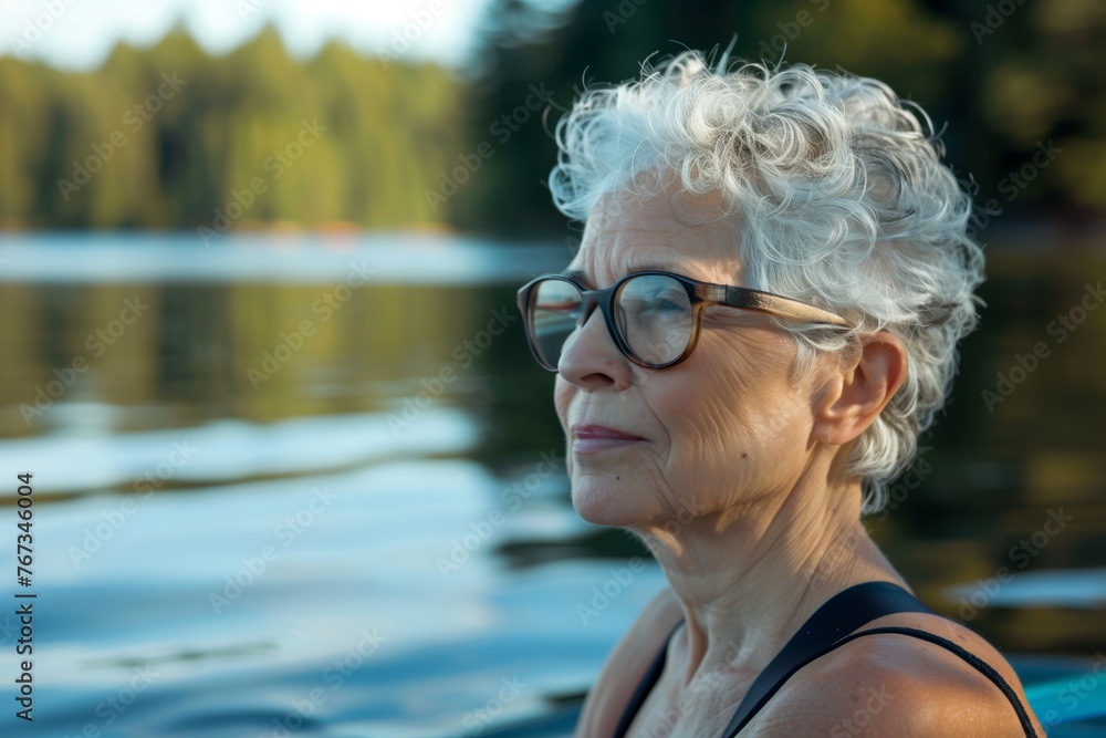 Portrait of active senior woman swimmer outdoors by lake. Portrait of active senior woman swimmer outdoors by lake.