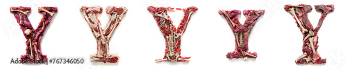 Letter Y Horror alphabet and number concept. Halloween isolated text. Creepy meat with bones, flesh and skin. Anatomy alphabet and numbers set. Isolated white background. Bloody rotten meat