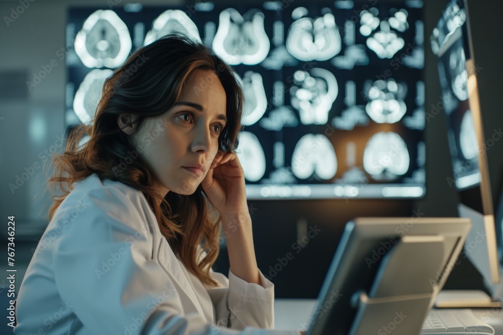 Portrait of female doctor sitting in office, looking at test results CT scans in tablet. Portrait of female doctor sitting in office, looking at test results CT scans in tablet.