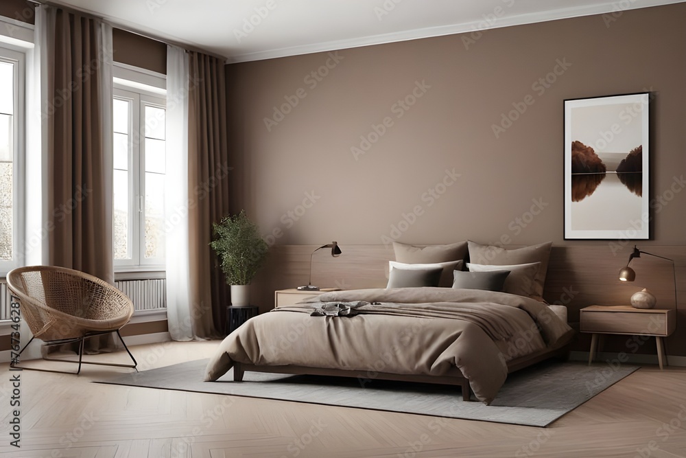 luxury studio apartment with a free layout in a loft style in dark colors. Stylish modern, cozy bedroom area with fireplace. luxury studio apartment with a free layout in a loft style in dark colors. Stylish modern, cozy bedroom area with fireplace.