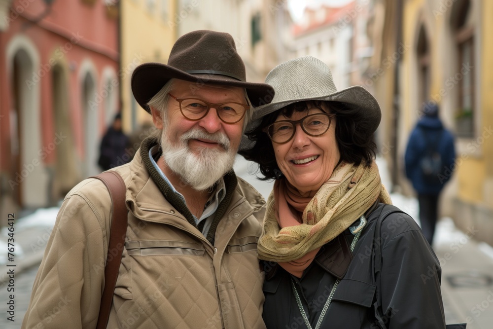 Portrait of happy senior couple tourists outdoors in old town Portrait of happy senior couple tourists outdoors in old town