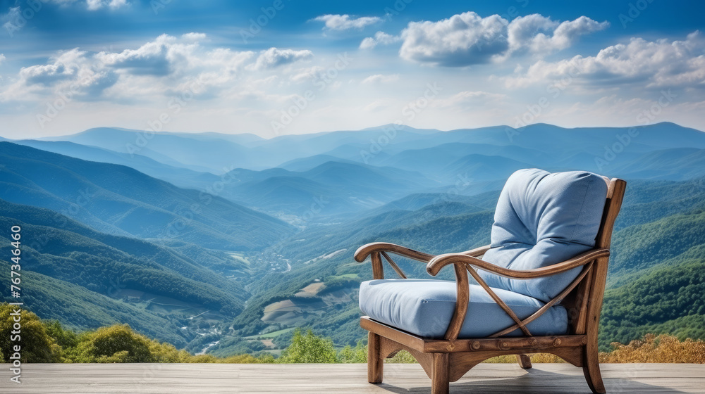 Armchair Overlooking Majestic Mountain View, Serenity and Relaxation Concept Armchair Overlooking Majestic Mountain View, Serenity and Relaxation Concept