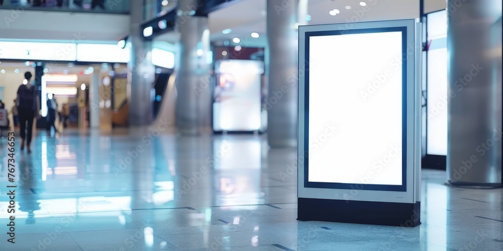 An empty billboard is prominently displayed in a large, indoor building An empty billboard is prominently displayed in a large, indoor building