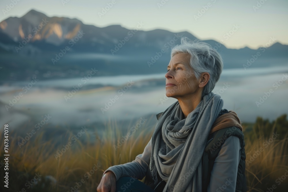Fototapeta premium Senior gray haired woman doing breathing exercise in nature on early morning with fog and mountains in background.