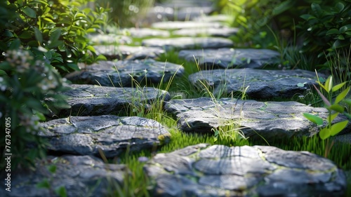 a garden stone path  where blades of grass emerge between the stones  highlighting the botanical richness of the surrounding garden
