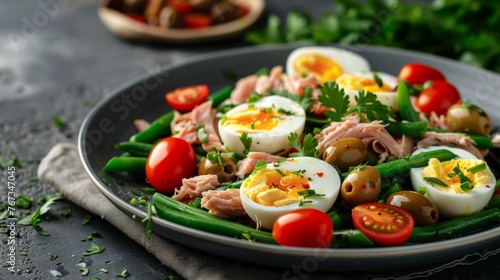French dish "Nicoise" with boiled eggs, canned tuna, anchovies, olives, green beans and fresh tomatoes