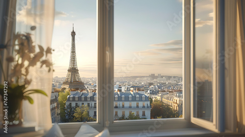 Eiffel tower seen through the window in Paris, France. photo