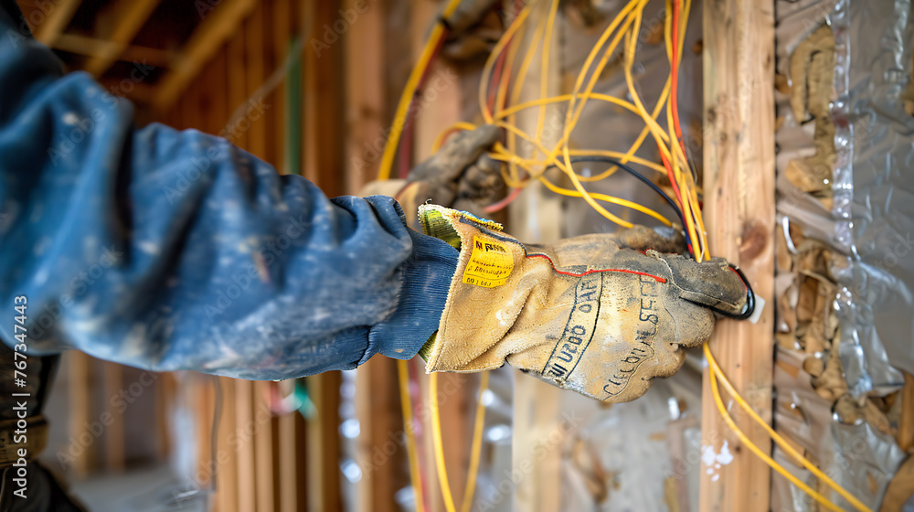 electrician at work, closeup of hands and electric wires in background