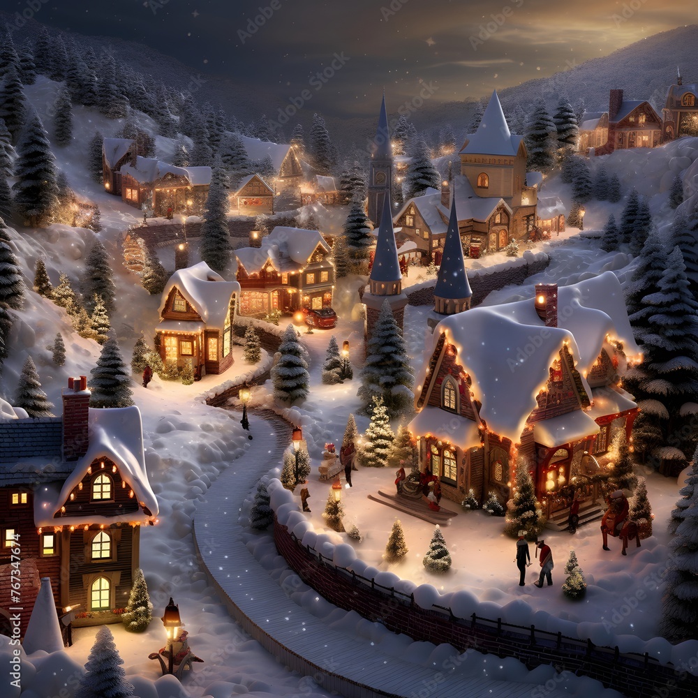 Winter village in the mountains at night. Christmas background. 3d rendering