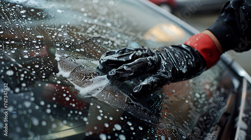 Close up of a male hand in gloves washing a car with a sponge © Liliya