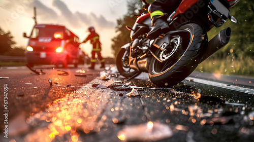 Close-up of a motorcycle accident on the road. Motorcycle crash.