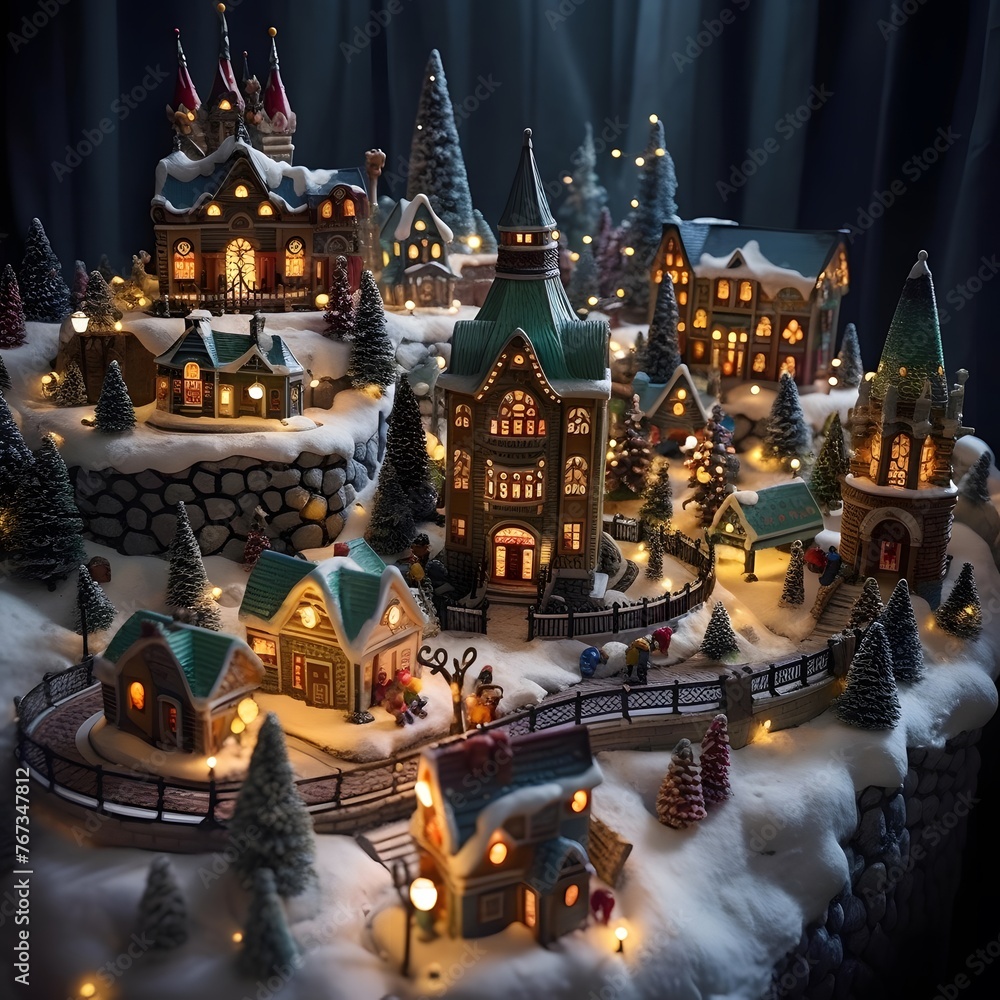 Christmas scene with gingerbread houses and candles in the shape of a Christmas tree