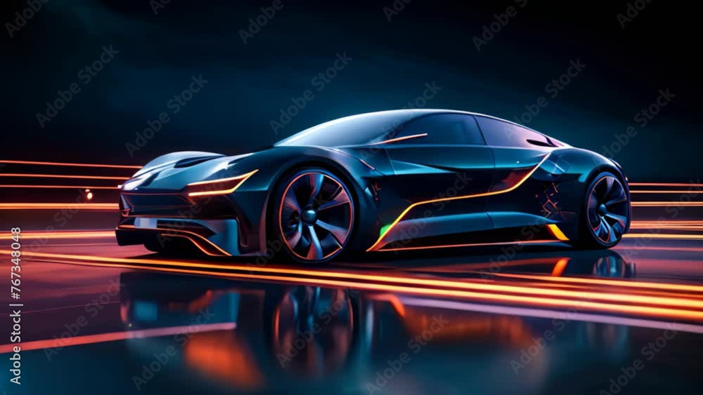 Concept of sports car on dark background. 3D rendering, Car with neon lights on a dark background, viewed from the side, A sports car with futuristic autonomous features, HUD car, AI Generated Concept of sports car on dark background. 3D rendering, Car with neon lights on a dark background, viewed from the side, A sports car with futuristic autonomous features, HUD car, AI Generated