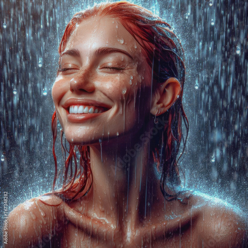 Joyful Happy red -haired woman in the rain