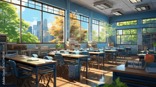 Modern Anime Classroom with Autumn Trees and City Background vector © Agustin A