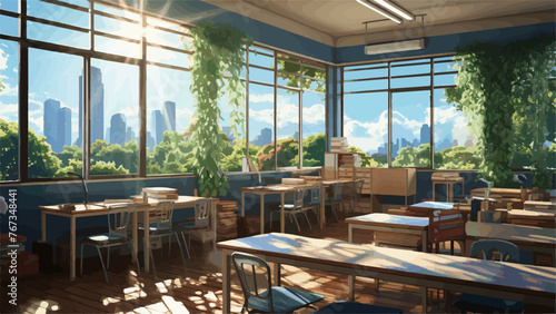 Sunlit Classroom with Hanging Vines and City Skyline View © Agustin A
