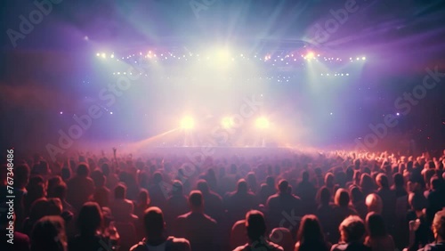 Concert crowd in front of a bright stage with lights and smoke, Concert crowd gathered in front of bright stage, AI Generated photo