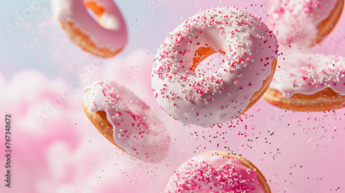 Deliciosos donuts cobertos de açúcar e confetes doces flutuando sobre fundo rosa. Uma tentação para os amantes de doces photo