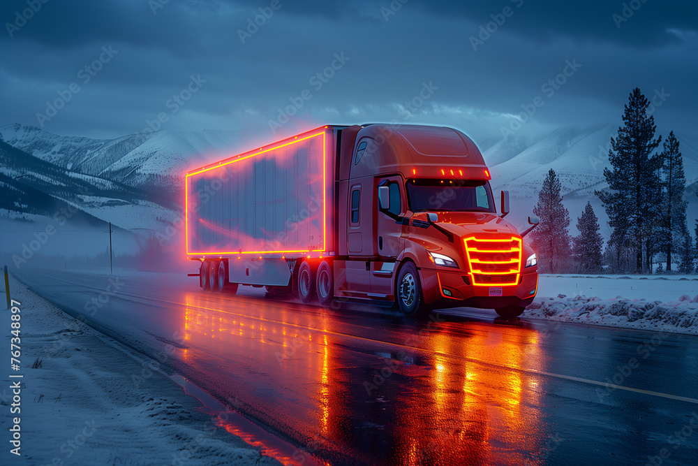 Red Semi Truck on Snowy Road