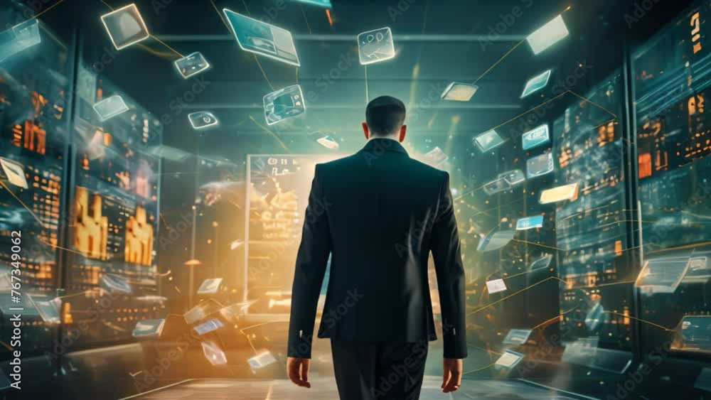 Back view of businessman working with tablet in dark room with binary code, Ensure secure commerce with AI-enabled fraud detection systems, AI Generated Back view of businessman working with tablet in dark room with binary code, Ensure secure commerce with AI-enabled fraud detection systems, AI Generated