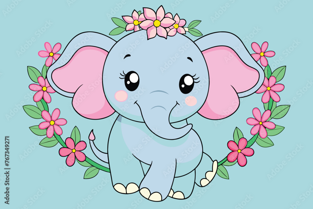 Cute baby elephant with wreath of pink flowers vector illustration Cute baby elephant with wreath of pink flowers vector illustration