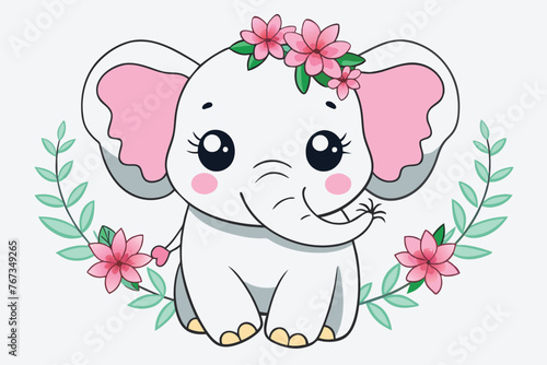 Cute baby elephant with wreath of pink flowers vector illustration