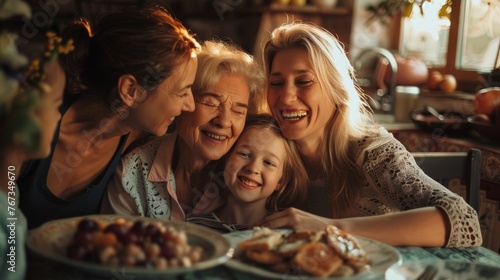 Four Generations of Women Sharing Laughter in Kitchen © Karina