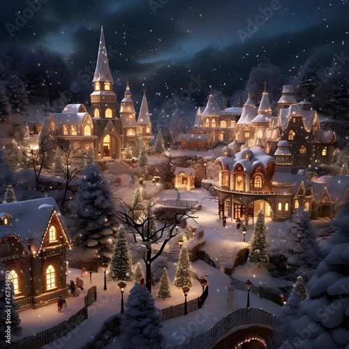 Christmas and New Year background with the image of a village in the snow