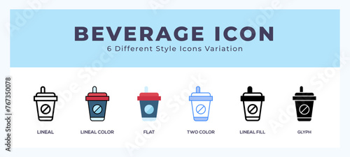 Beverage set of icons. Vector illustration with different styles.