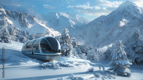 Futuristic observatory with view on snowy mountainside