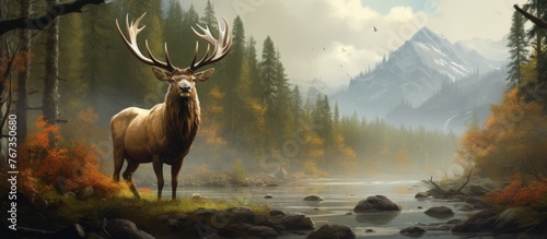 A deer is peacefully grazing next to a flowing river in the tranquil woods, surrounded by the beauty of nature. The sky is filled with fluffy clouds, creating a picturesque natural landscape