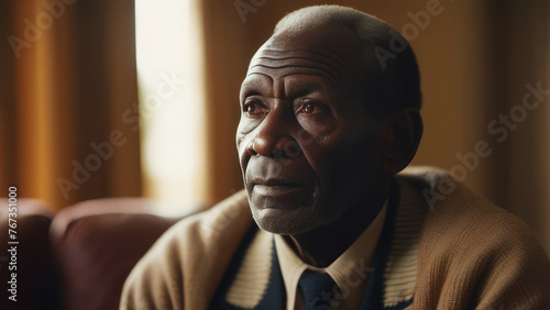 Portrait of confident black elderly grandfather. Senior ethnic man with grey afro hair at home