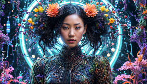 Fantasy Asian woman. Beautiful girl. Chimera floral background. Neon light. Selective focus. AI generated