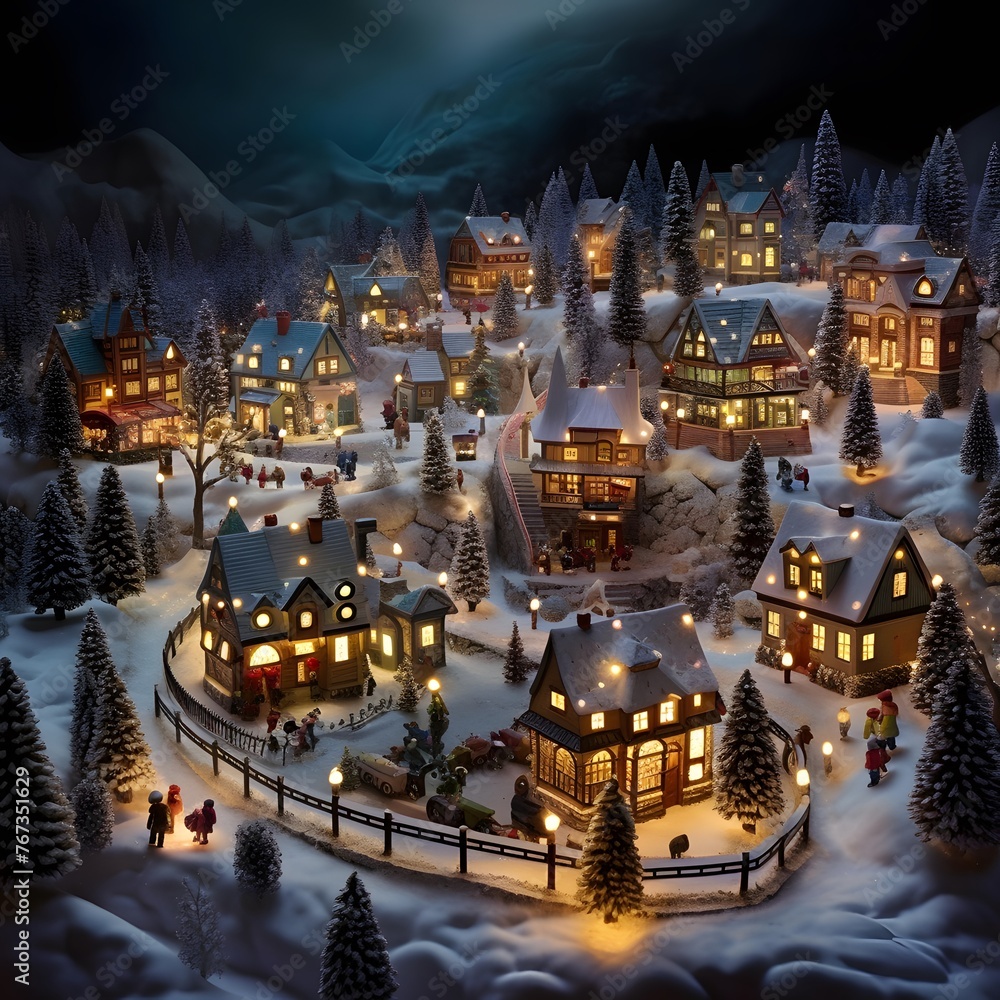 3D illustration of a small village with houses in the snow at night