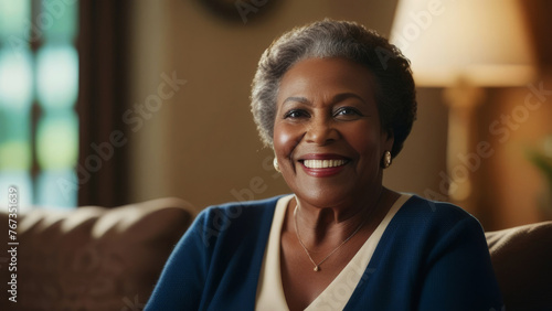 Portrait of happy black elderly elegant lady. Senior ethnic woman with grey afro hair smiling at home