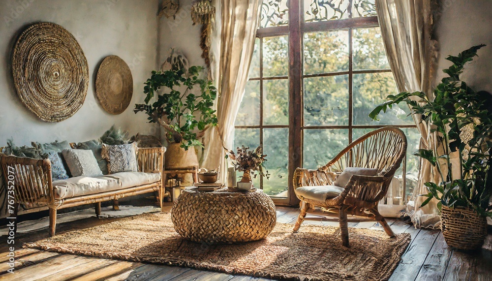 cozy interior design of bright living room in boho style