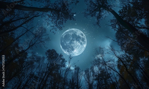 A full moon is visible through the dense foliage of trees in a nighttime scene