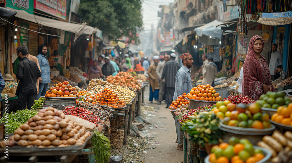 Obraz premium Amidst the hustle and bustle of a vibrant cityscape, families come together to celebrate Eid-al-Adha, their laughter mingling with the sound of traditional music and the aroma of s