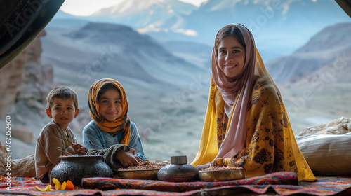 Against the backdrop of a majestic mountain range, a family gathers for Eid-al-Adha, their hearts filled with gratitude for the blessings of the past year. As they share in the joy