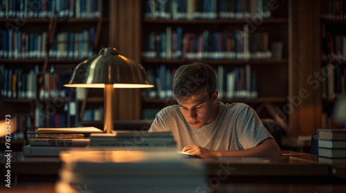 A dedicated student studying alone in the library surrounded by books and notes.
