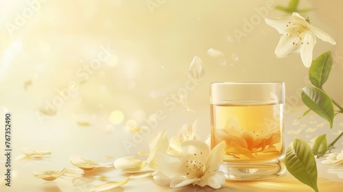 Jasmine and Longjing tea are perfectly combined, petals and tea float around photo