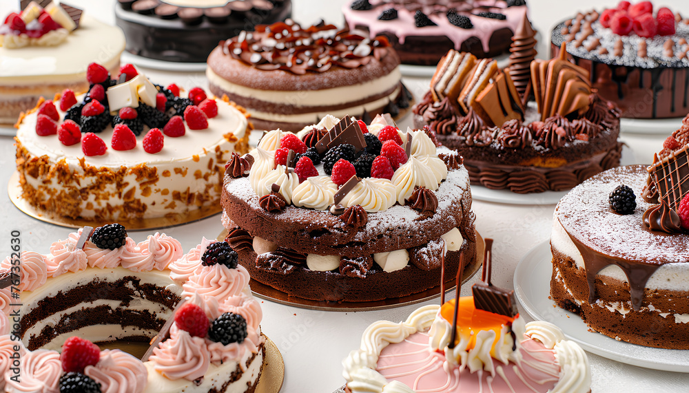 variety of cakes on the table isolated on white background variety of cakes on the table isolated on white background