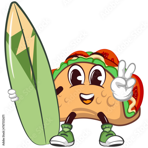 cute taco mascot character emoticon carrying surfboard while giving peace sign, cute taco mascot